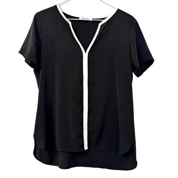 Calvin Klein Tops - Calvin Klein Split Neck Contrast Piping Short Sleeve Hi-Low Blouse Black Small